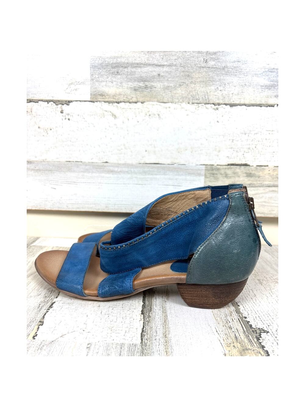 Miz Mooz Womens 11 Blue Leather Studded Cross-Strap Heeled Zip Sandals Retro
